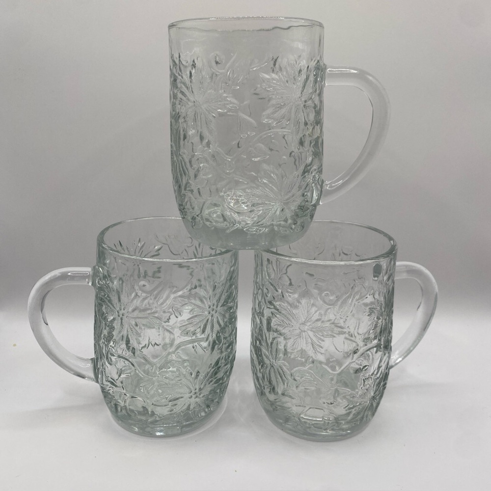 Princess House Fantasia Clear Poinsettia Crystal Coffee Mugs Set Of 3